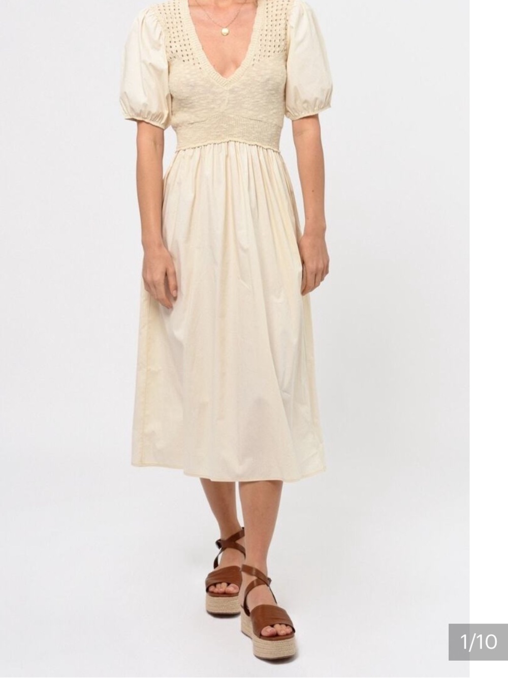 Greylin Barkley Cream V-Neck Puff Sleeve Midi Dress